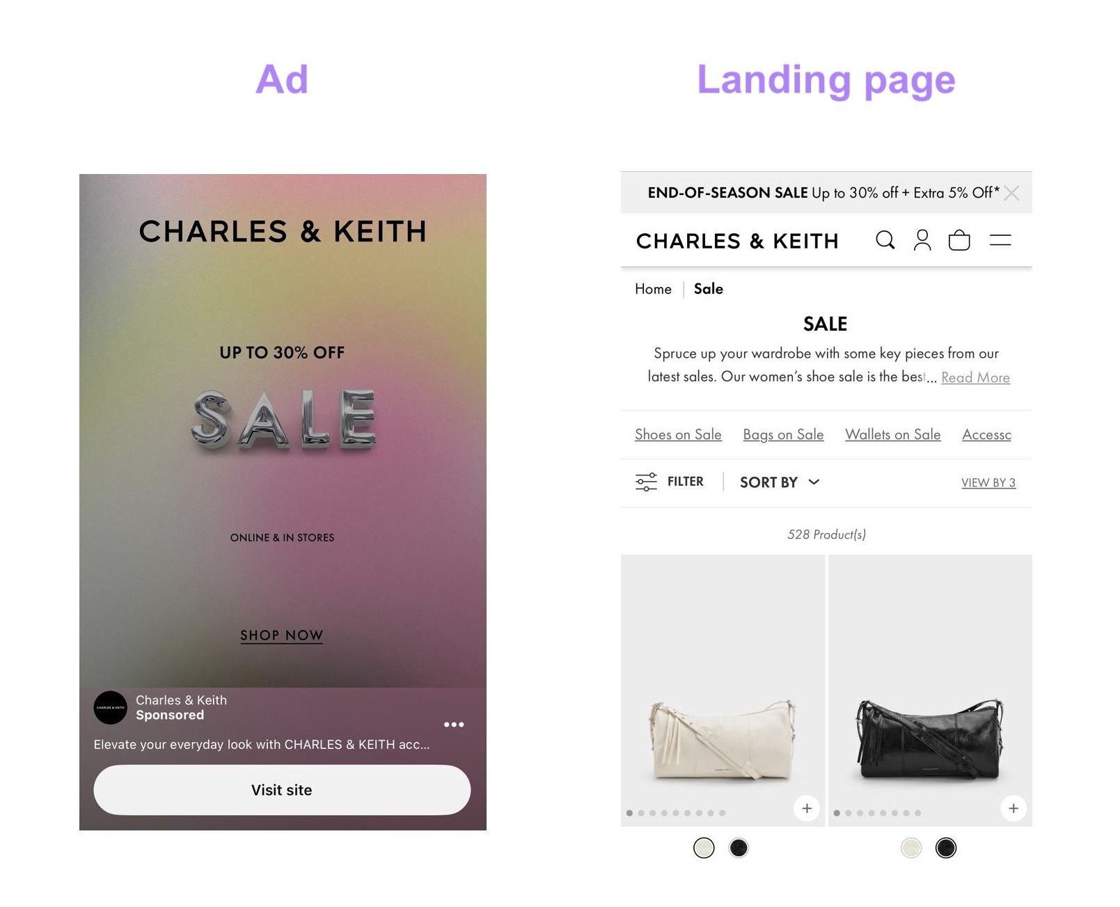 A social media ad on Instagram by Charles & Keith and the landing page clicking on the ad leads to.